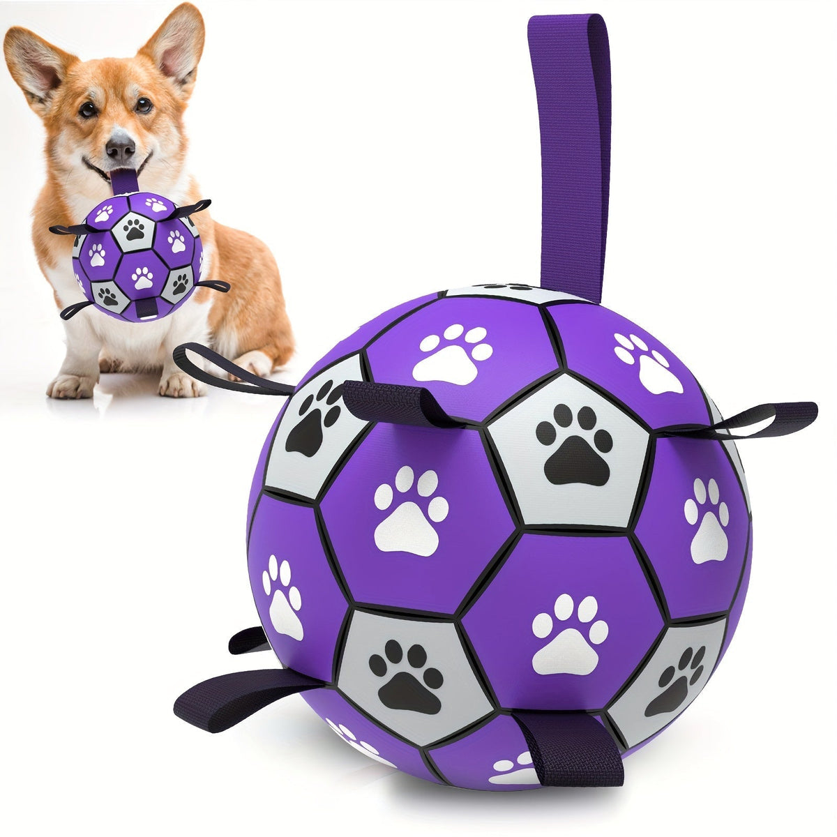 Durable Rubber Dog Soccer Ball with Straps