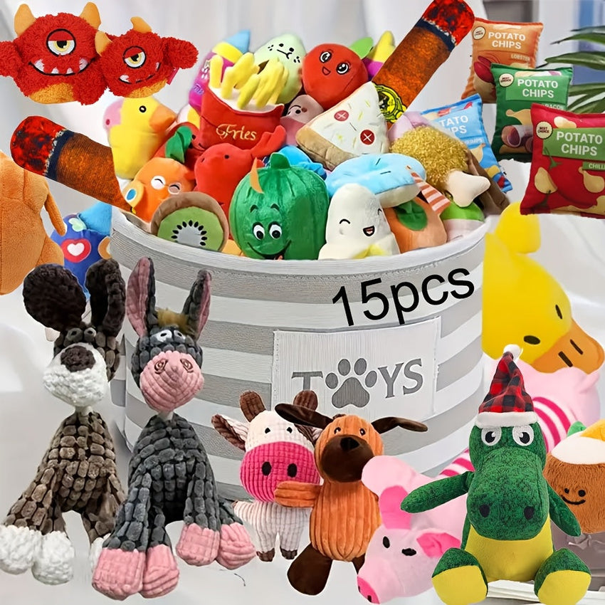15pcs Cuddle Paws Cartoon Plush Dog Toy Set - Soft Interactive Toys