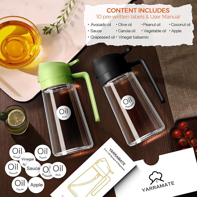 Oil Spray Bottle 3 in 1 16oz/470ml Glass Olive Oil Sprayer for Cooking with Stickers, Oil Dispenser for Kitchen Gadgets, Food Grade Premium Spray Bottle with Portion Control for Salad, Frying, BBQ (Black)