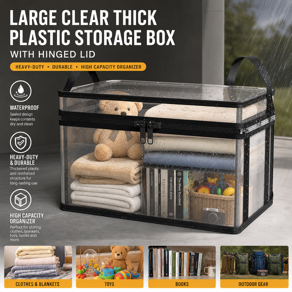 Large Clear Storage Box with Hinged Lid β Heavy-Duty High Capacity Organizer