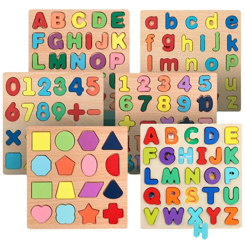 Kids Alphabetic Arithmetic Number Geometric Shapes Wooden Puzzle Montessori Preschool Learning Educational Game Toy for Children