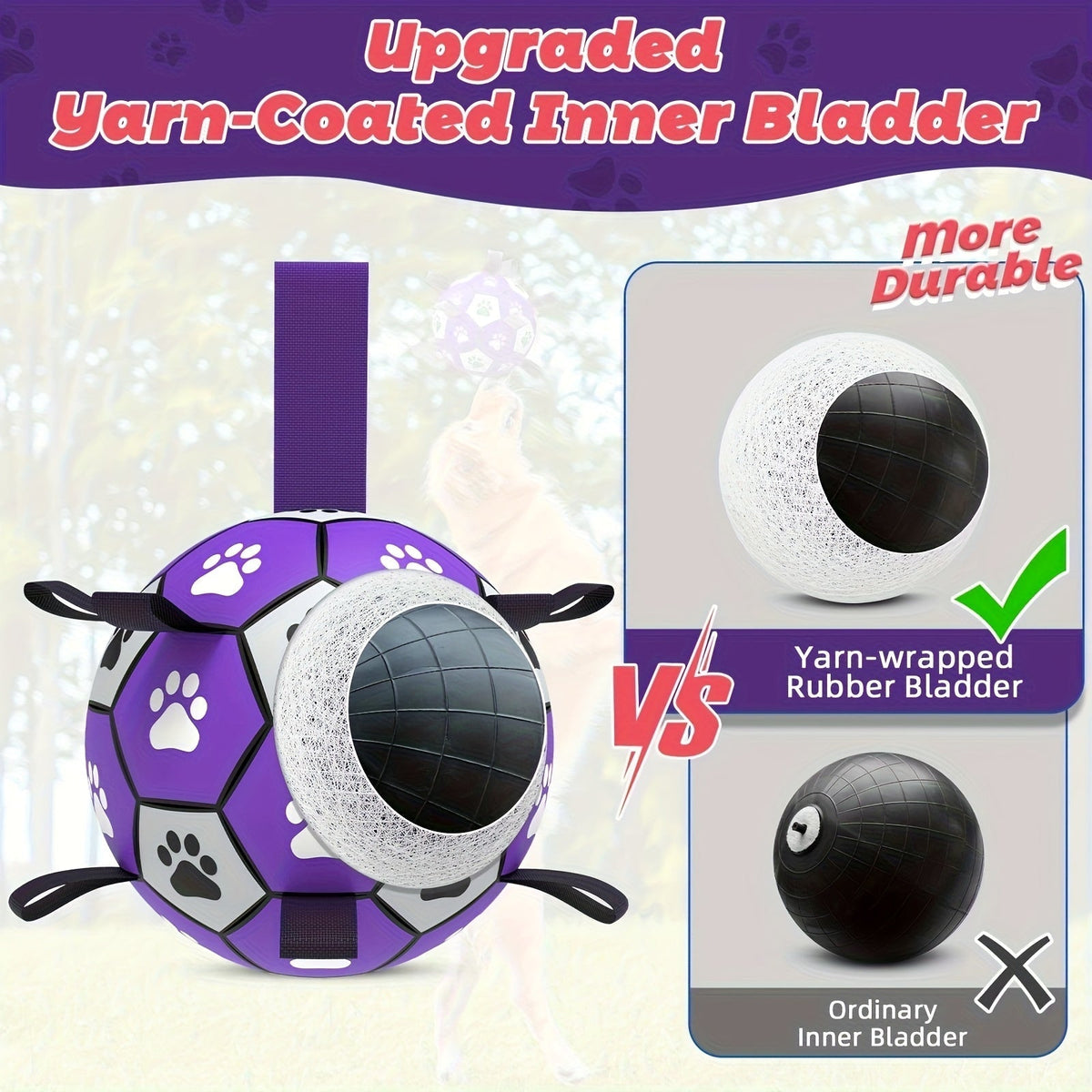Durable Rubber Dog Soccer Ball with Straps