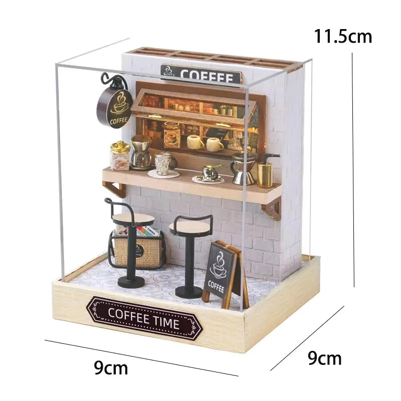 DIY 3D Puzzles Wooden Toy Miniature Dollhouse Handmade Doll House Model Building Kits Coffee House Toys For Xmas Gifts