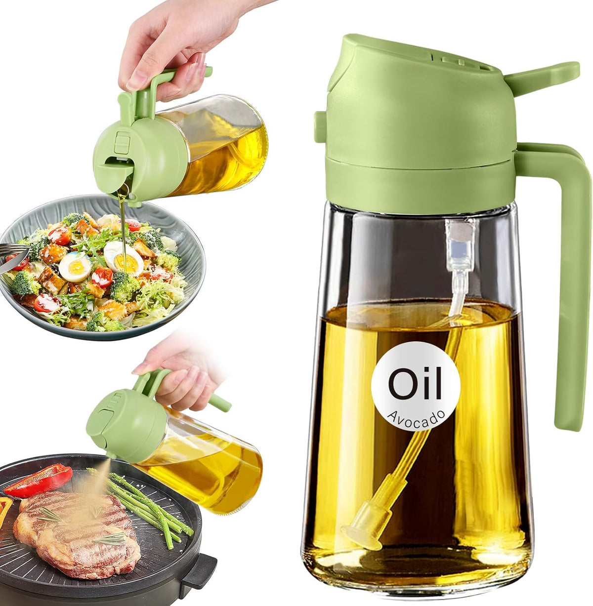 Oil Spray Bottle 3 in 1 16oz/470ml Glass Olive Oil Sprayer for Cooking with Stickers, Oil Dispenser for Kitchen Gadgets, Food Grade Premium Spray Bottle with Portion Control for Salad, Frying, BBQ (Black)