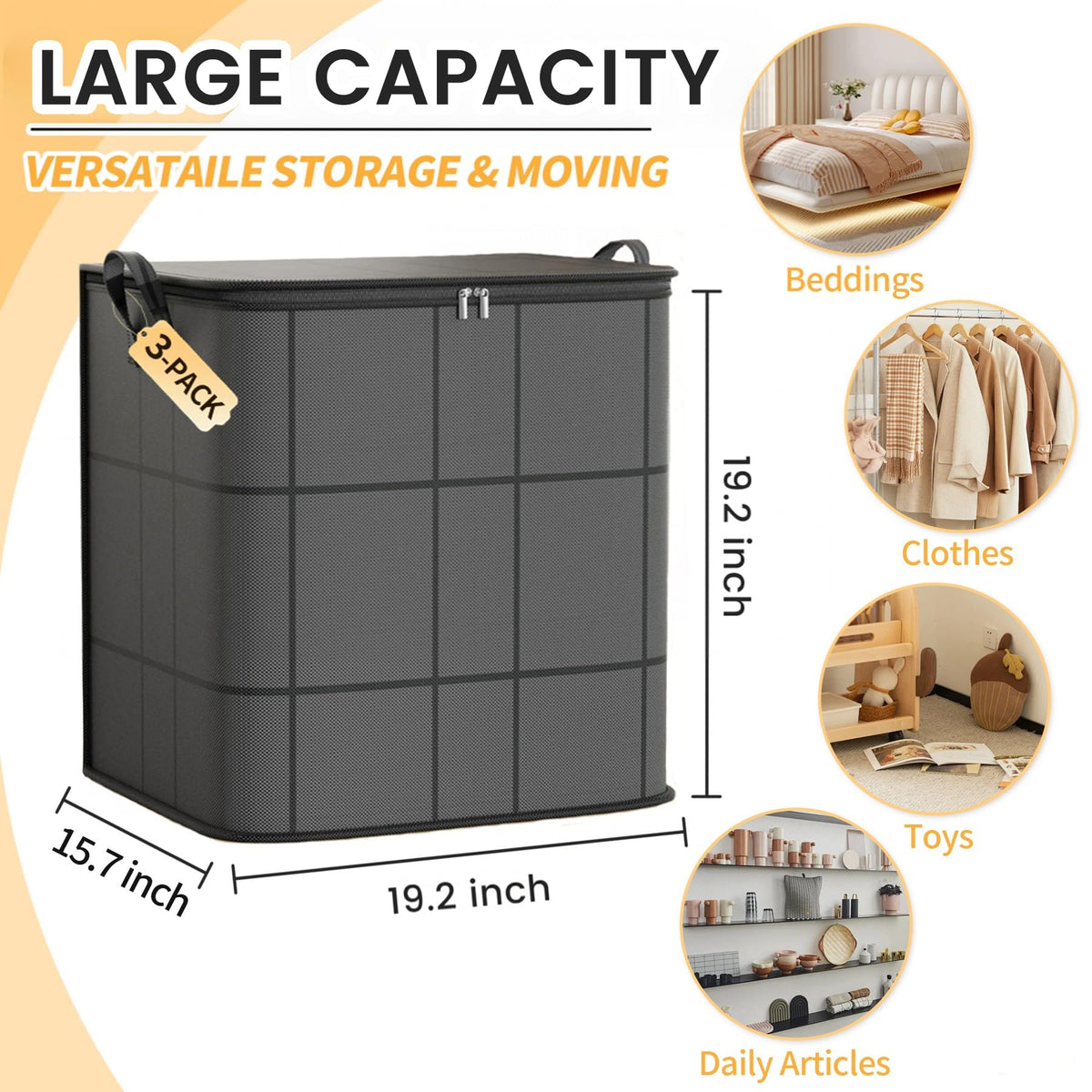 3-Pack Large Clothes Storage Bags with Reinforced Handles